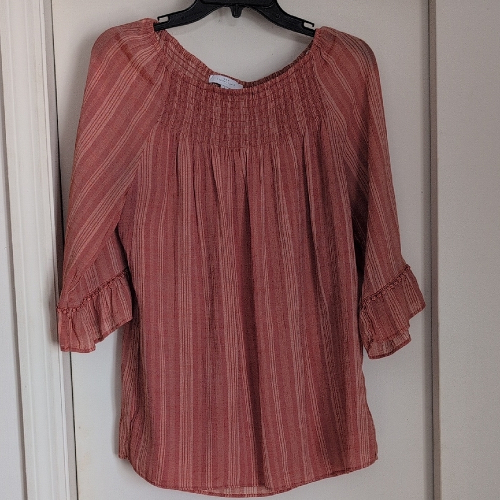 New Directions Women's Blouse - Rust Stripes Size Large